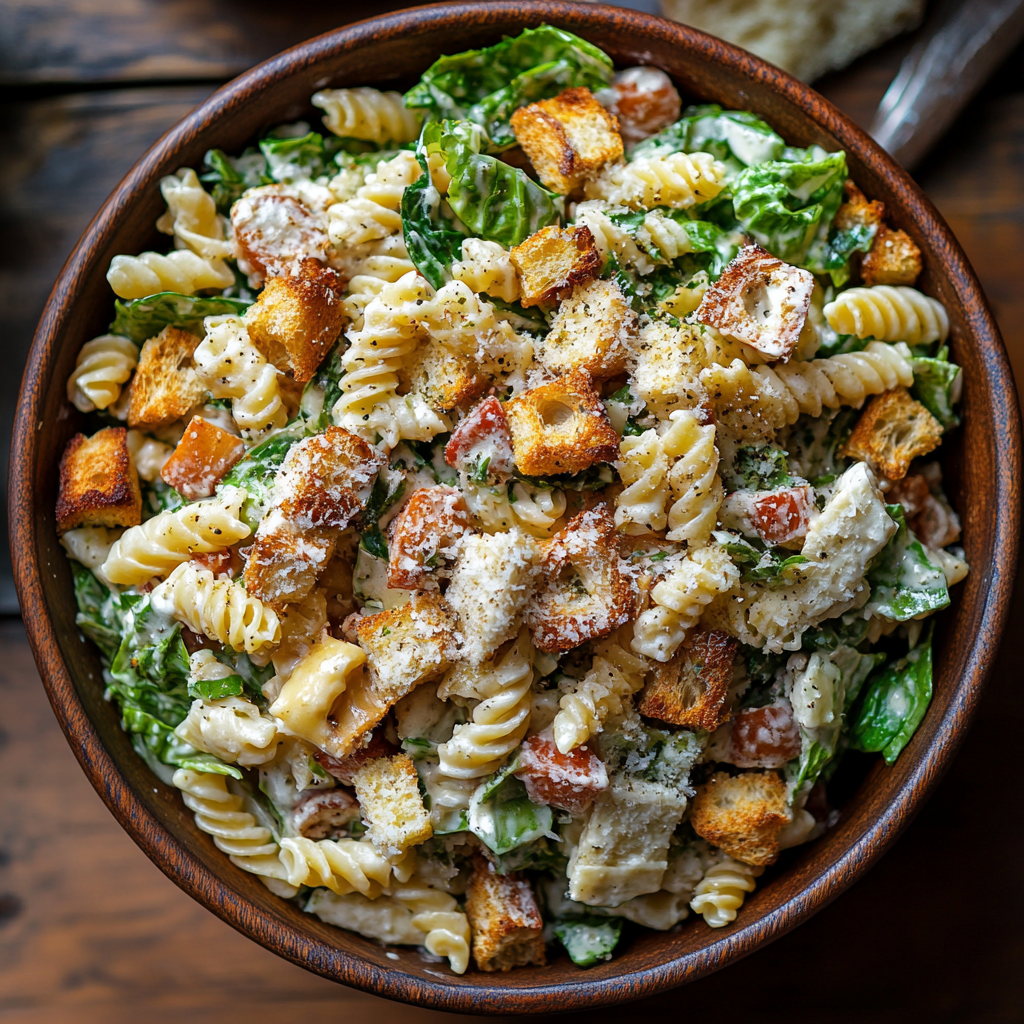 Caesar Pasta Salad with Croutons and Parmesan