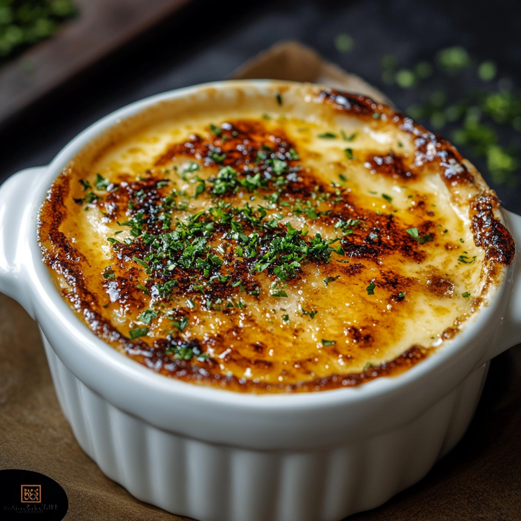 A ramekin of crab brulee recipe​ with a golden caramelized topping, garnished with fresh dill and served on a white plate