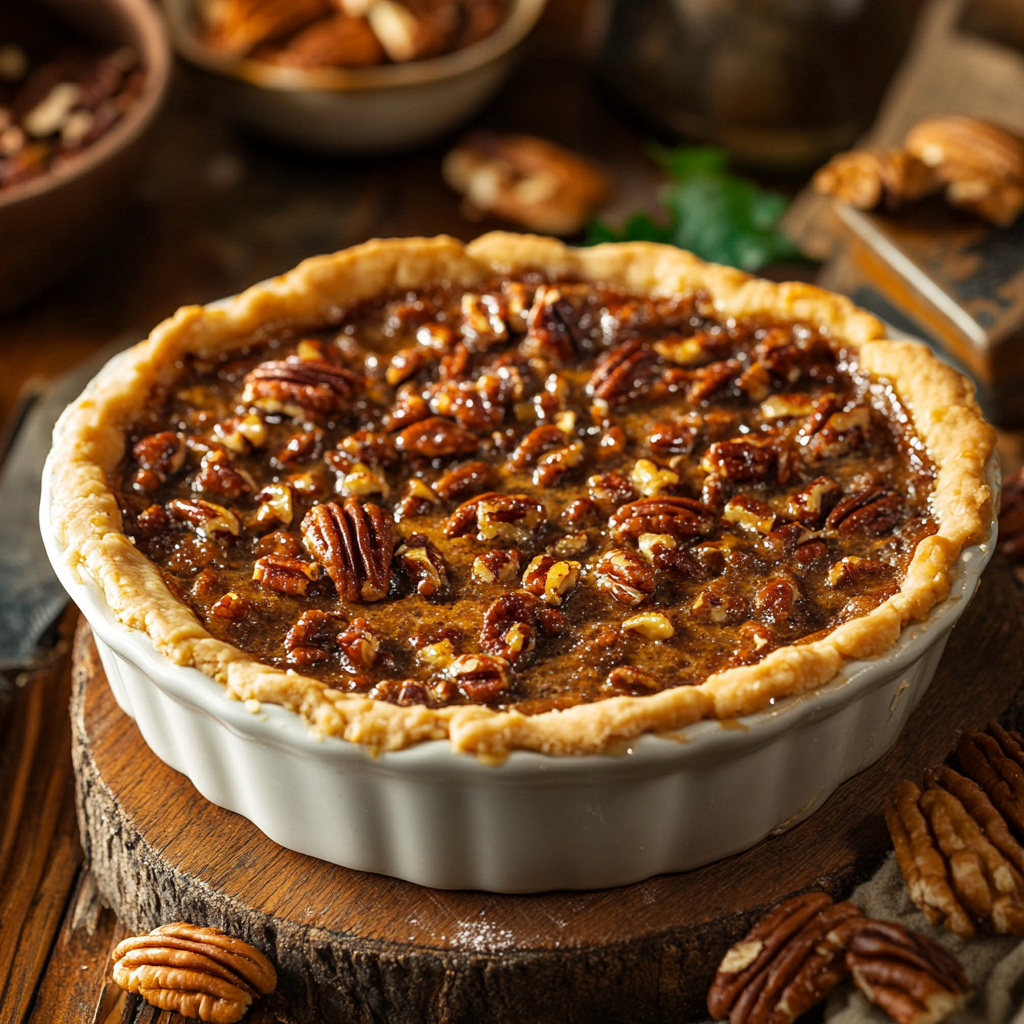 A bowl of creamy pecan pie dip topped with toasted pecans, served with graham crackers and apple slices on the side