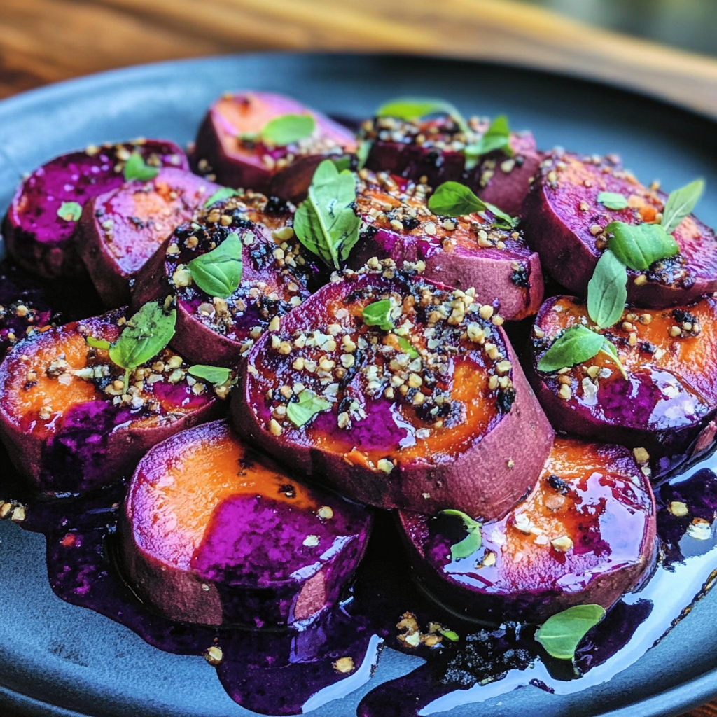 Freshly sliced purple sweet potatoes showcasing their vibrant purple flesh on a wooden cutting board