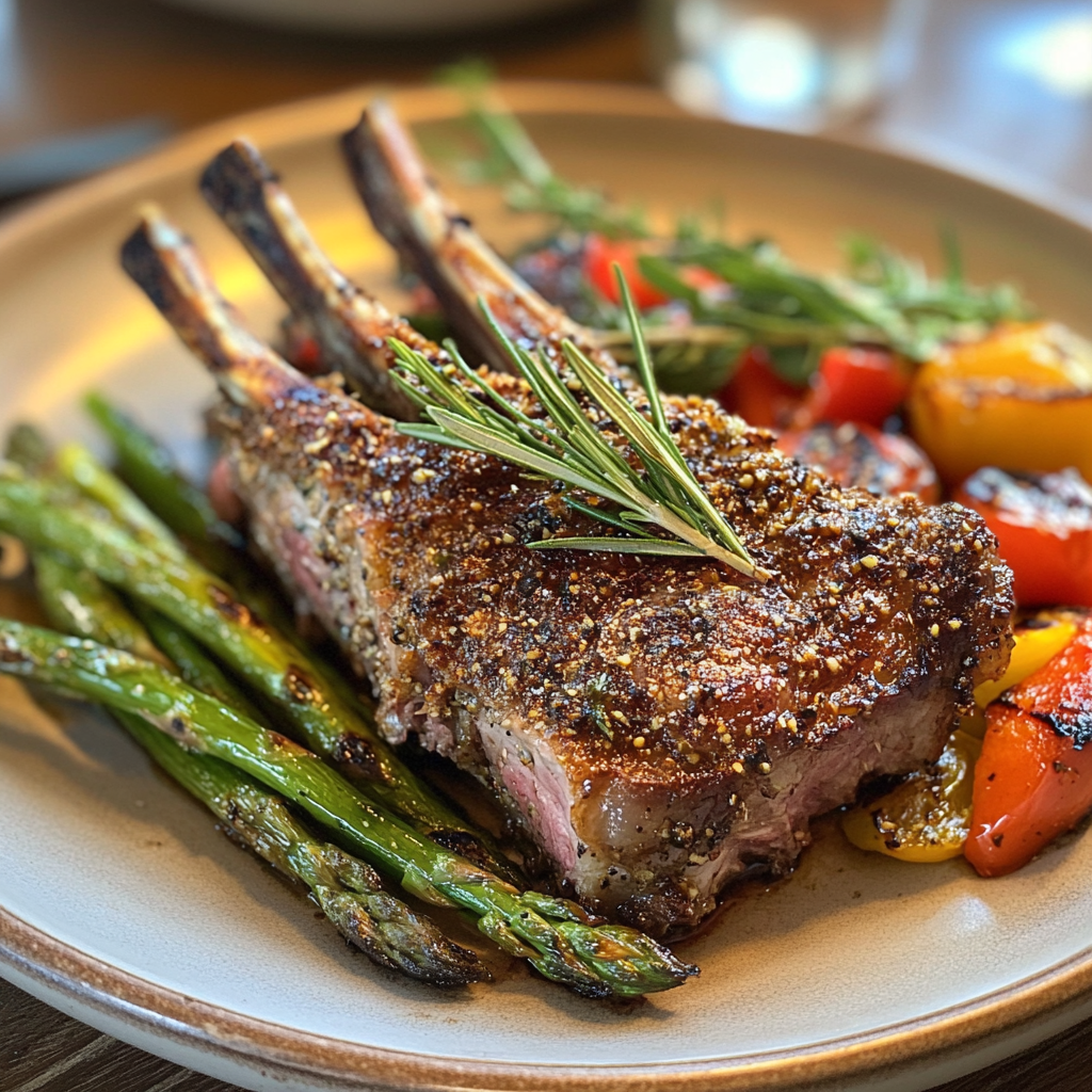 Smoked rack of lamb with a crispy crust, garnished with rosemary, served with grilled vegetables on a wooden table