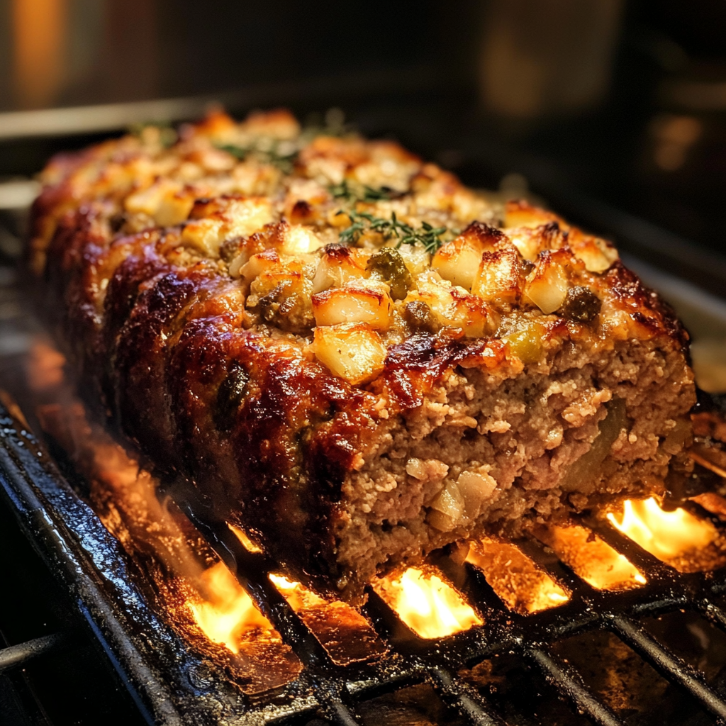 A perfectly baked Stove Top Stuffing Meatloaf sliced and served with mashed potatoes and green beans