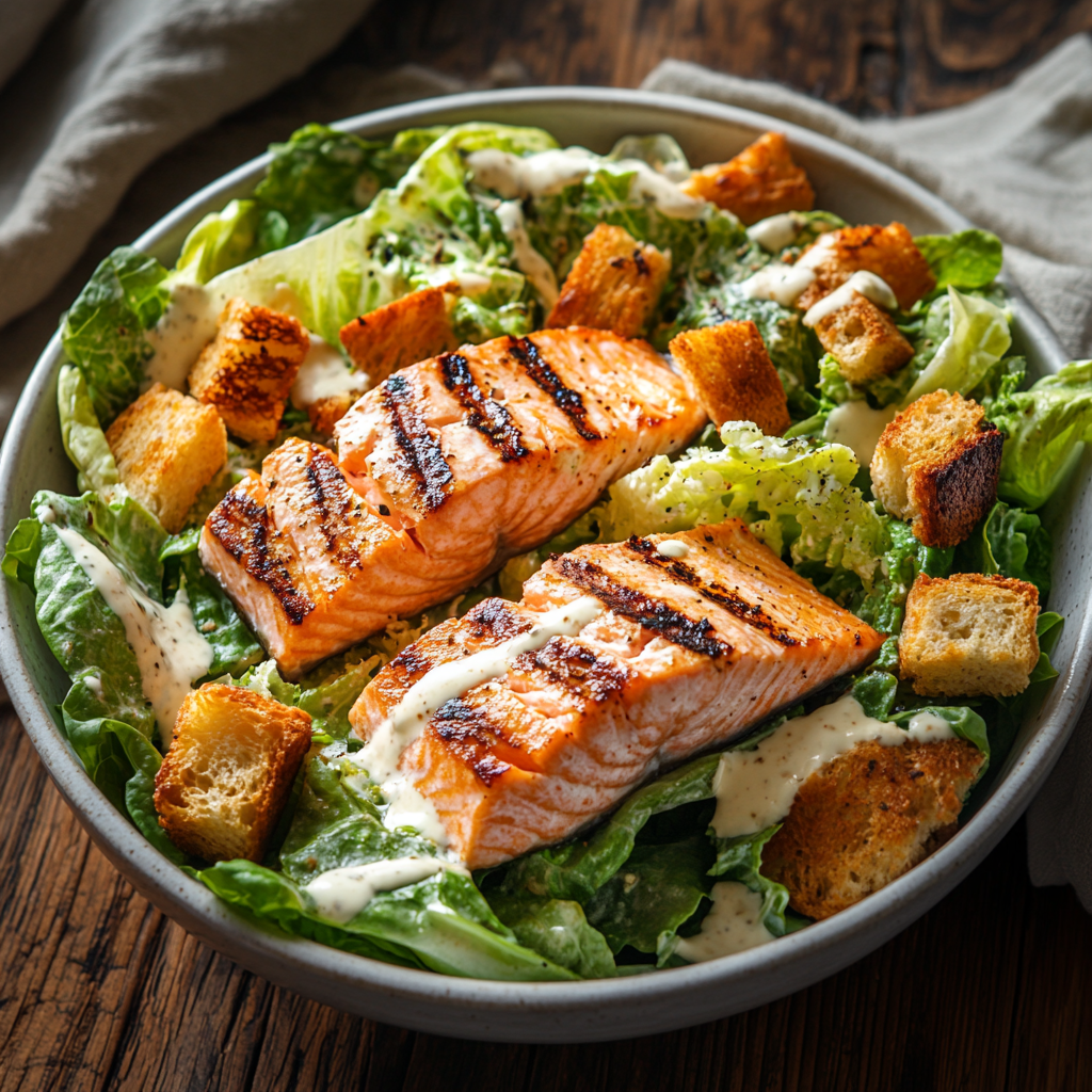 Salmon Caesar salad with fresh Romaine lettuce, grilled salmon, croutons, shaved Parmesan, and creamy Caesar dressing on a rustic table