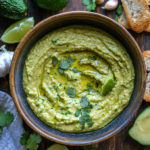 A creamy bowl of avocado spread garnished with fresh cilantro and lime wedges, surrounded by avocado halves, garlic, and slices of crusty bread.