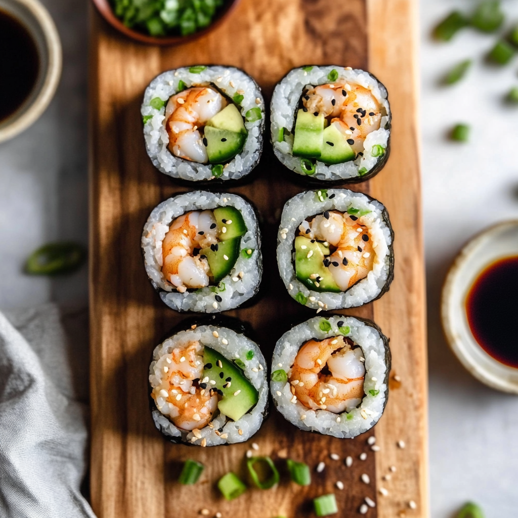 Boston Roll Sushi slices with shrimp, avocado, and cucumber on a wooden board, garnished with sesame seeds and served with soy sauce, wasabi, and pickled ginger