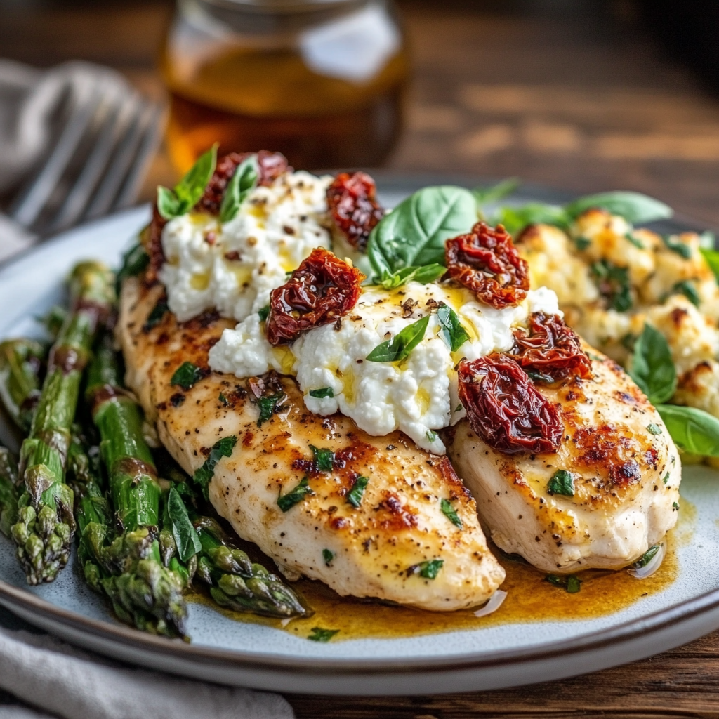 A plate of Chicken Bryan with grilled chicken topped with goat cheese, sun-dried tomatoes, and lemon basil butter sauce, garnished with fresh basil