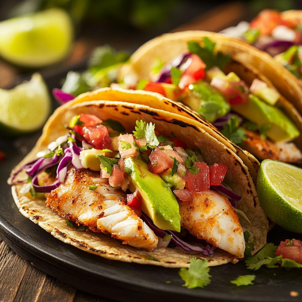 Fish tacos with seasoned grilled fish, shredded cabbage, pico de gallo, avocado slices, and creamy sauce, served on corn tortillas with lime wedges