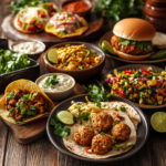 An assortment of ground chicken dishes including tacos, meatballs with marinara, stir-fried vegetables, and chicken burgers on a rustic wooden table