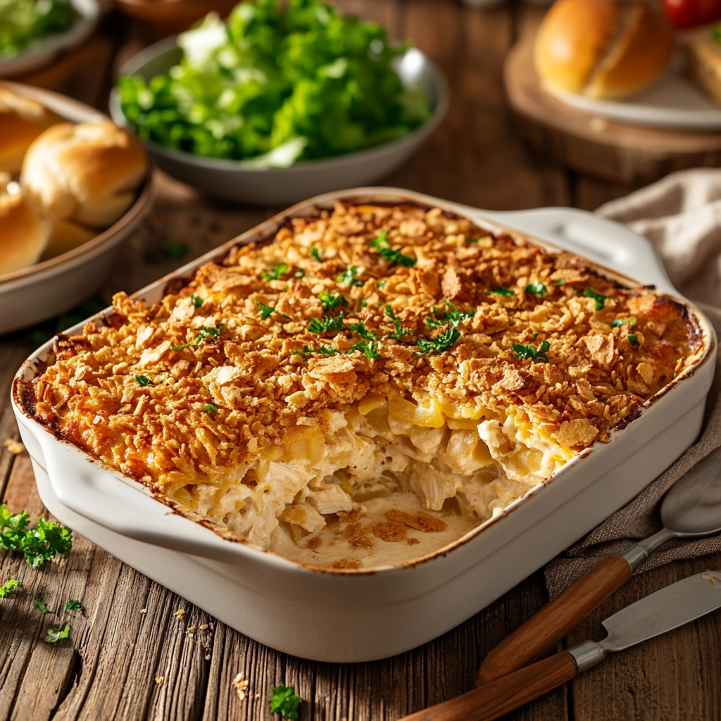 Freshly baked Ritz Chicken Casserole with a golden cracker topping, creamy filling, and a slice removed, surrounded by salad and bread rolls on a rustic wooden table