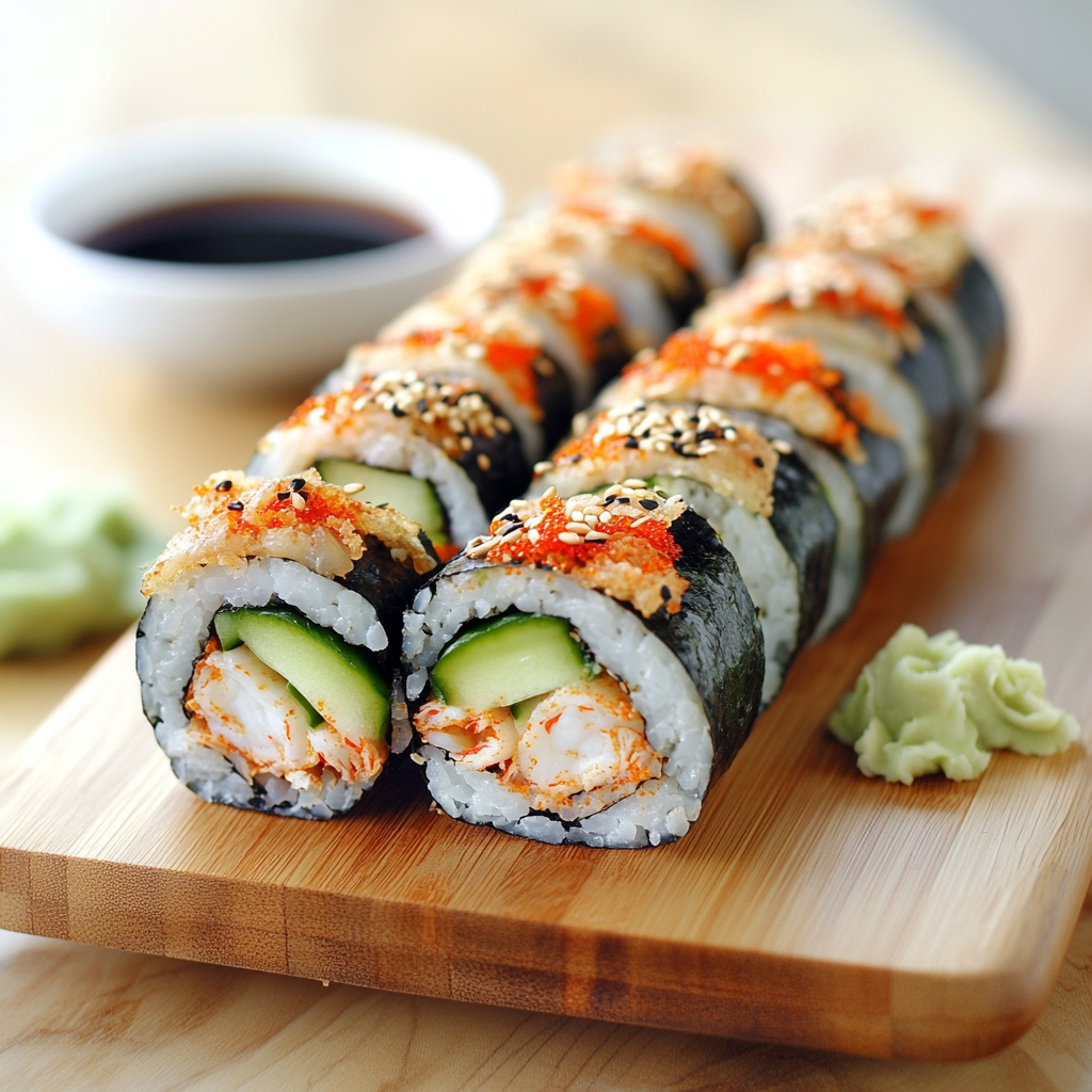 Spider Roll Sushi with crispy soft-shell crab, avocado, and cucumber on a wooden board, garnished with sesame seeds and tobiko, served with soy sauce, pickled ginger, and wasabi