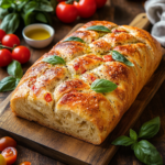 A freshly baked loaf of tomato basil bread with a golden crust, showing vibrant flecks of tomato and basil, surrounded by fresh basil leaves and tomatoes