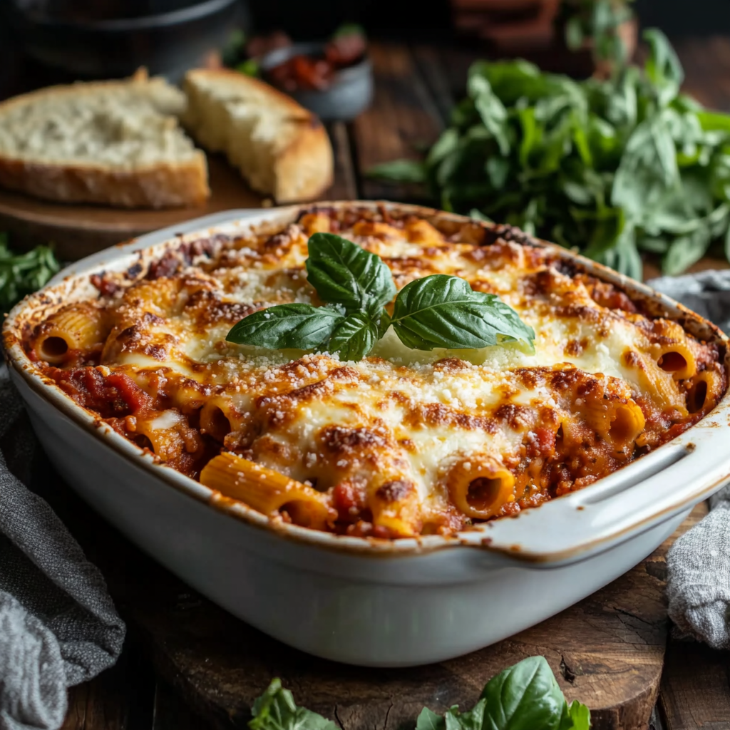 A delicious vegan baked ziti in a ceramic dish, topped with melted vegan mozzarella, creamy ricotta, and fresh basil leaves, served on a rustic wooden table