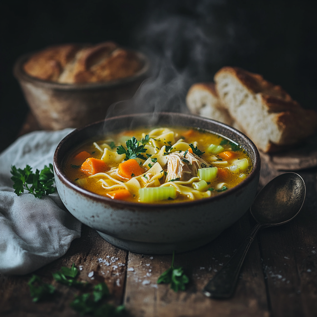 A cozy bowl of vegan chicken noodle soup with vibrant carrots, celery, noodles, and plant-based chicken in a golden broth, garnished with parsley